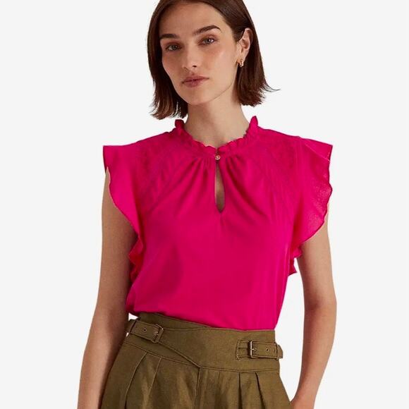 Lauren Ralph Lauren Jersey Flutter Sleeve Cotton Top XL Black Label Quiet Luxury - Picture 1 of 10